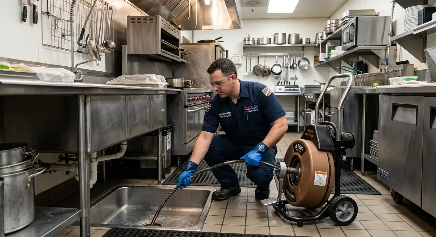 Commercial drain cleaning service in a restaurant kitchen in Paxton