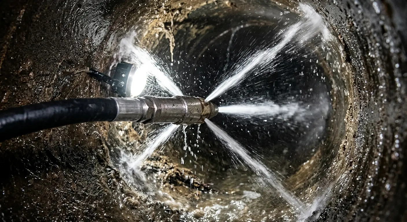 High-pressure hydro jetting nozzle cleaning sewer pipe for Emergency Drain Service in Paxton