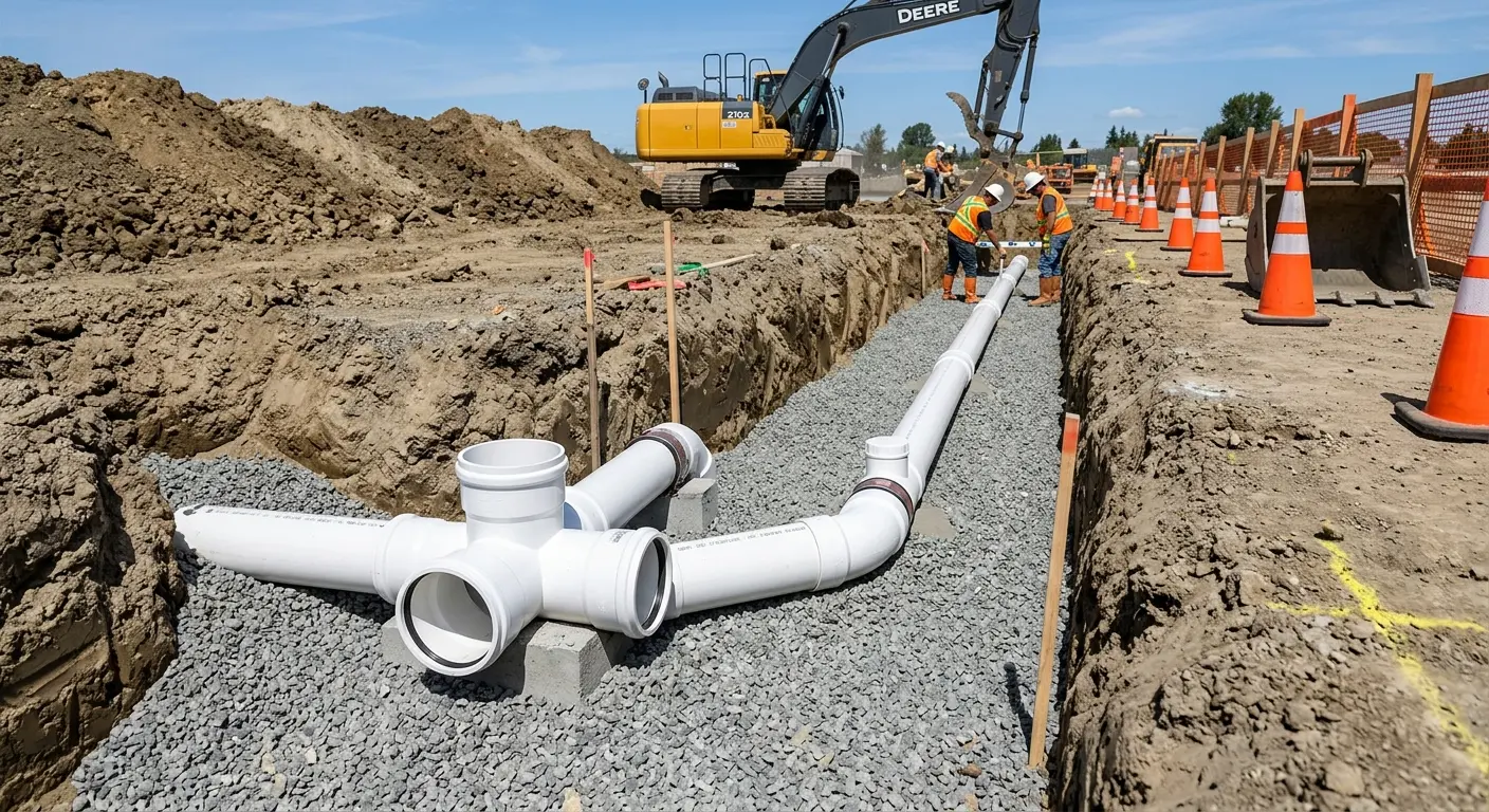 New PVC sewer pipe installation in open trench for Sewer Backup in Paxton