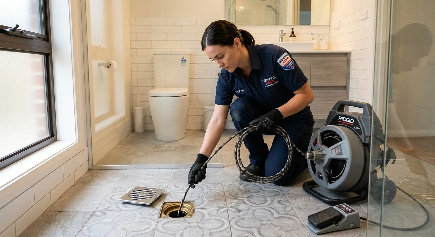 Technician clearing a bathroom floor drain for Clogged Drain Repair in Paxton